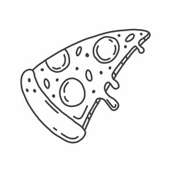 Wall Mural - Slice of pizza in doodle style. Black and white hand drawn illustration. Food object isolated on white background. Food icons. Junk food line art.