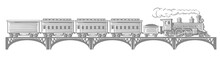 Steam Train With Wagons On Bridge. Locomotive Carriage Move