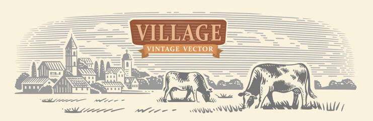 Sticker - Village and landscape with cows. Dairy farm