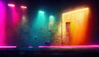 Leinwandbild Motiv night, street, multi-colored, empty, brick, dark, brickwork, 3d illustration, background, neon, wall, light, room, red, purple, black, blue, office, futuristic, urban, floor, modern, perspective, abst