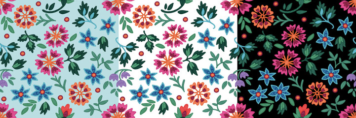 Wall Mural - Set of seamless patterns with stylized ukrainian folk floral elements on colored background. Ethnic ornament based on embroidery tradition. Can be used for decoration, surface and paper print design