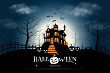 Castle, Haunted House And Ghost Hands, Tomb On Full Moon Night. Illustrator Vector Eps 10.