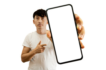 Asian Man Holding Smartphone With White Empty Screen on transparent background - PNG format.
