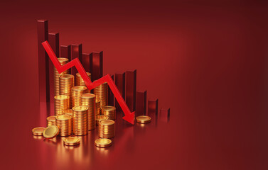 Wall Mural - Red arrow pointing down with declining bar graph and coin on red background