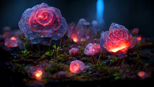 Luminous Roses In The Forest. Fabulous Fairytale Outdoor Garden And Moonlight Background. 3D Rendering Image.