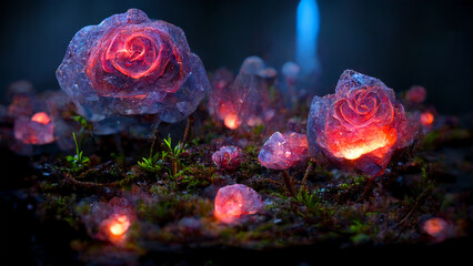 Luminous roses in the forest. Fabulous fairytale outdoor garden and moonlight background. 3D rendering image.