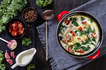 Wall Mural - Zuppa Toscana,Tuscan Soup in red pot, top view