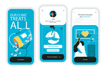 Medical clinic concept onboarding screens. Online doctor consultations and purchase of medicines in pharmacy. UI, UX, GUI user interface kit with flat people scene. Vector illustration for web design