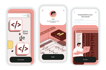 Aufkleber - Programming software concept onboarding screens. Program development, coding, engineering and optimization. UI, UX, GUI user interface kit with flat people scene. Vector illustration for web design