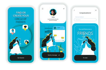 Social network concept onboarding screens. Online communication with users, search for new friends, chatting. UI, UX, GUI user interface kit with flat people scene. Vector illustration for web design