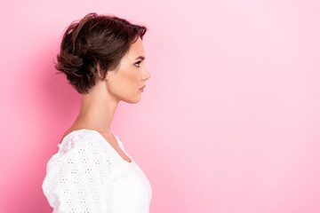 Poster - Photo of pretty sweet girl dressed white top smiling looking empty space isolated pink color background