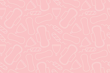 seamless pattern of different menstrual hygiene products: menstrual cup, sanitary pad, tampon, panty liner- vector illustration