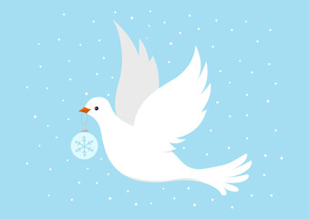 Dove with christmas ormanent isolated on white background. Cute pigeon flying bird with xmas ball decorated with snowflake sign. Flat design simple style vector illustration.