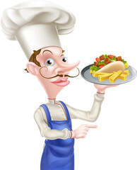 Canvas Print - Cartoon Chef With Pita Kebab and Fries