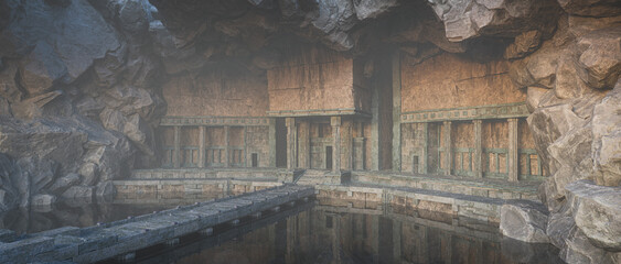 Aufkleber - Cinematic panorama 3D illustration of ancient underground fantasy temple entrance.