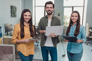 Poster - Photo of three successful smart employee use gadgets organization seminar office workstation indoors