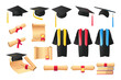 © PCH.Vector - Graduation gown and diploma cartoon illustration set. Honors diploma, graduation clothing or uniform, hat or cap for students. Education, prom, university, ceremony, achievement concept