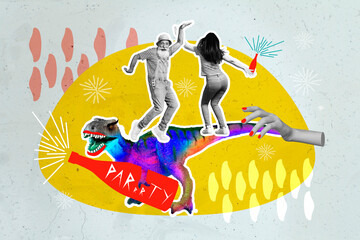 Sticker - Exclusive minimal magazine sketch collage of dancing party hard retired old man young woman dinosaur hold alcohol bottle have fun good mood