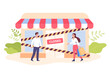 Businessmen closing store due to bankruptcy. Small business hitting by pandemic, corona or coronavirus flat vector illustration. Failure, economy, retail, commerce, economic crisis concept