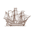 Brigantine sail ship, sailboat old vessel vintage sketch icon. Vector retro galleon nautical ship, retro sea transportation vessel, sail boat