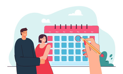 Wall Mural - Happy couple planning anniversary or waiting for baby. Huge hand circling date in calendar flat vector illustration. Love, romance, reproduction concept for banner, website design or landing web page