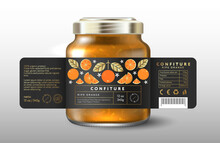 Ripe Orange Confiture. Sweet Food. Black Label With Whole Orange, Slices, Cut Fruits And Gold Leaves. Mock Up Of Glass Jar With Label. 