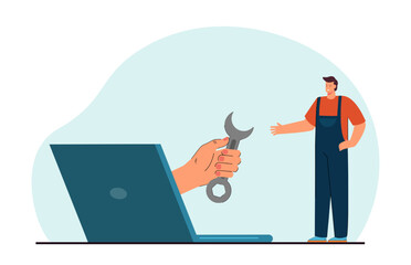 Wall Mural - Hand coming out of laptop and giving wrench to technician. Man in uniform buying tools via internet store flat vector illustration. Maintenance or repair service concept for banner or landing web page