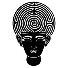 Human face with a round spiral maze or labyrinth symbol. Creative concept. Ancient Assyrian mask. Black and white silhouette.