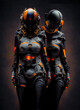 Two female bodies in futuristic Sci-Fi armour concept with innovative technology for police or military forces, hyper resolution, photo realistic 3D illustration, 9:16