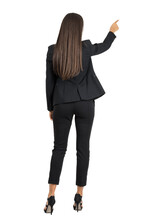 Rear View Of Long Dark Hair Beauty Pointing Or Presenting On Her Right Side Isolated	On Transparent Background
