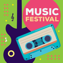 Poster - music festival lettering with cassete and guitar