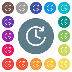 Wall Mural - Circle shaped forward arrow and clock flat white icons on round color backgrounds