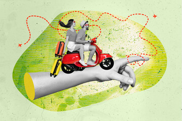 Poster - Creative trend collage of man woman couple riding vacation scooter motorcycle tourists suitcases big hand finger point direction route