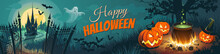 Halloween Banner With Tradition Symbols. Pumpkins And Dark Castle On Blue Moon Background, Illustration.