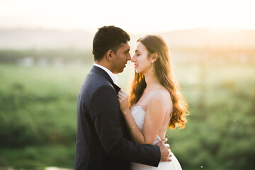 Wall Mural - Wedding couple on the nature is hugging each other. Beautiful model girl in white dress. Man in suit