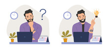 Young Man With Beard And Tattoo Before The Laptop With Question Mark In Think Bubble And  Finding New Idea. Shiny Light Bulb. Flat Style Cartoon Vector Illustration.