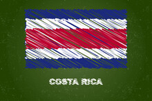 Costa Rica Flag With Chalk Effect On Green Chalkboard, Hand Drawing Country Flag, Flag For Kids, Classroom Material
