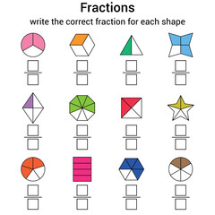 Wall Mural - Write the correct fraction for each shape. math fraction worksheet