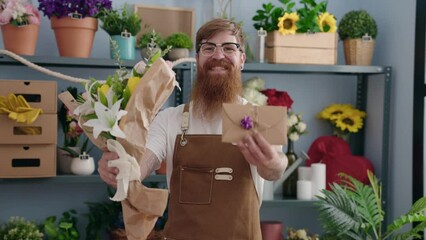 Poster - Young redhead man florist holding bouquet of flowers and letter at flower shop