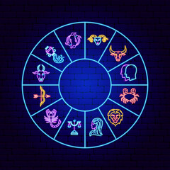 Sticker - Horoscope Neon Circle Concept. Vector Illustration of Zodiac Promotion.