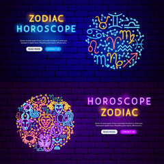 Sticker - Zodiac Horoscope Neon Banners. Vector Illustration of Astrology Promotion.