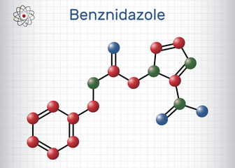 Wall Mural - Benznidazole molecule. It is antiparasitic drug used in the treatment of Chagas disease. Structural chemical formula, molecule model. Sheet of paper in a cage.