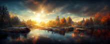 Futuristic Forest Landscape. Sunset Over Autumn Forest And Lake With Rocky Shore. Digital Art. 3d Render.