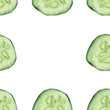 Cucumber. Watercolor drawing. Cucumber mugs, a frame with space for text. Design of postcards, illustrations on the theme of cuisine, food, vitamins, vegetables.