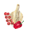 Red pepper, a branch of cherry tomatoes, a wooden cutting board isolated on a white background. Watercolor drawing for the design of kitchen textiles and office.