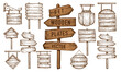 © ~ Bitter ~ - Set wooden banner, sign posts or boards. Signboard, signpost with signs indicating direction. Sketch vintage vector