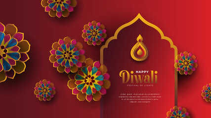 Wall Mural - Happy Diwali Festival Background with Round Floral Ornament - Diwali Greeting Background Template with Floral Ornate