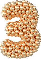 Wall Mural - Golden 3d number 3 made of golden spheres or bubbles. Png numeral for celebrating 3rd anniversary event party. 3d render