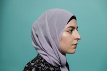 Profile Portrait Beautiful Young Muslim Woman In Purple Hijab