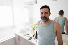 Portrait Handsome Man With Beard In Morning Bathroom